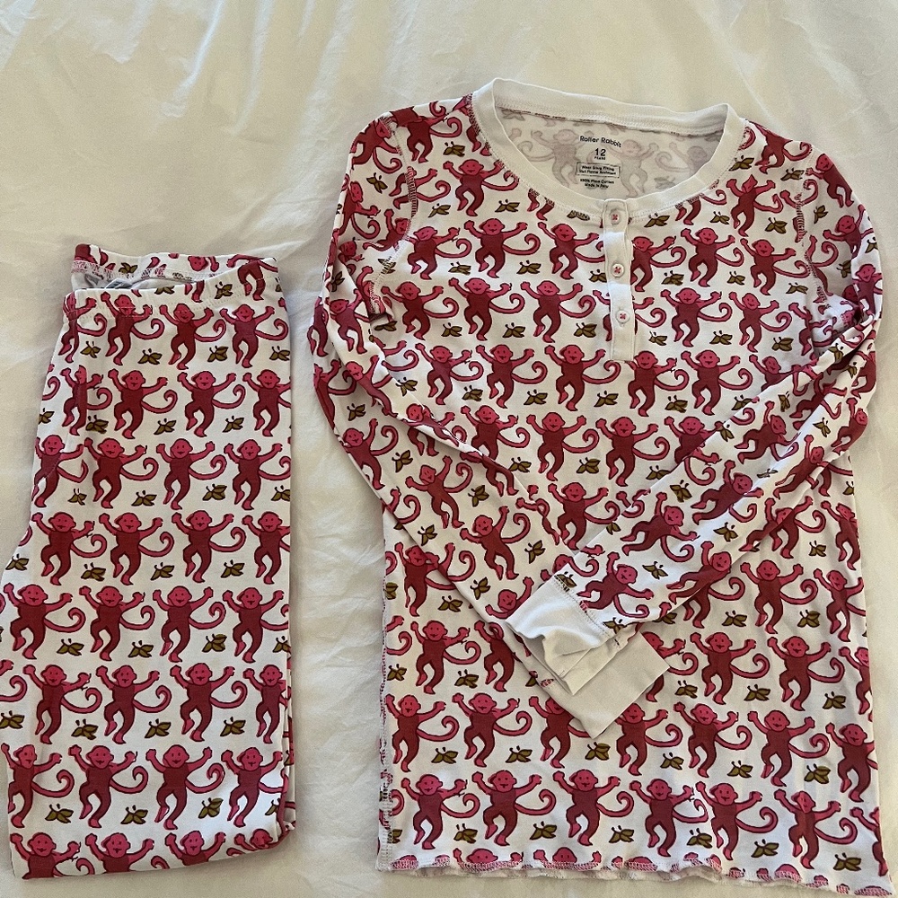 Roller Rabbit Pink Monkey Pajamas, kids size 12.